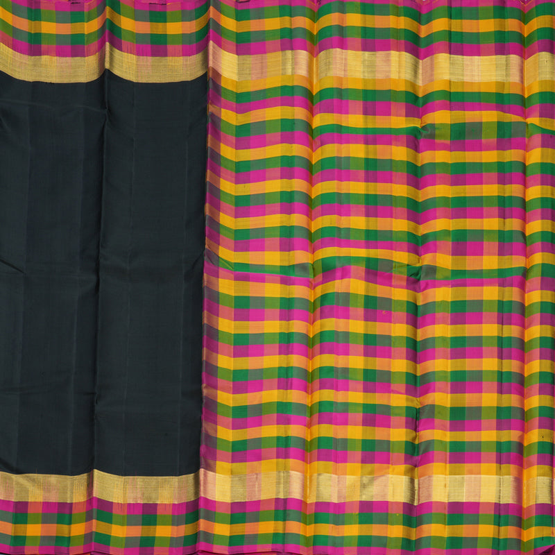 Hayagrivas Handloom Black Kanjivaram Silk Saree with Multicolour Checks Border KBF467F9-26