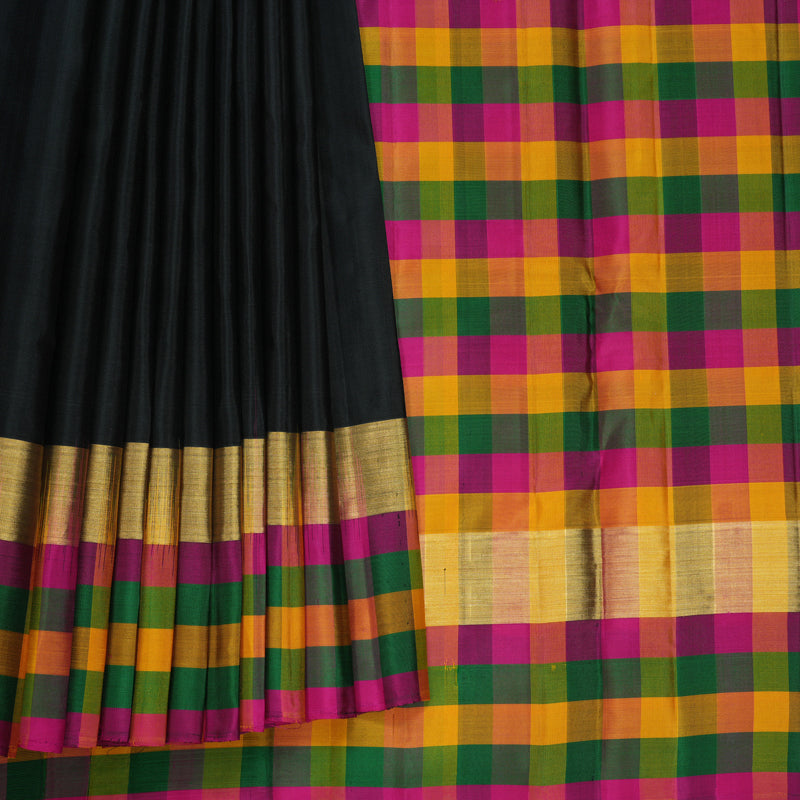 Hayagrivas Handloom Black Kanjivaram Silk Saree with Multicolour Checks Border KBF467F9-26
