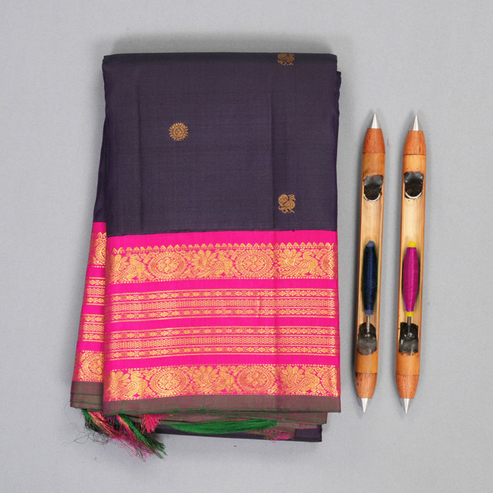 Hayagrivas Handloom Brinjal Purple Kanjivaram Silk Saree with Rani Pink Border KBF469F1-1