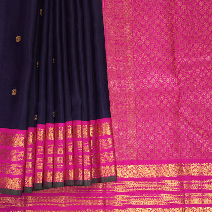 Hayagrivas Handloom Brinjal Purple Kanjivaram Silk Saree with Rani Pink Border KBF469F1-1