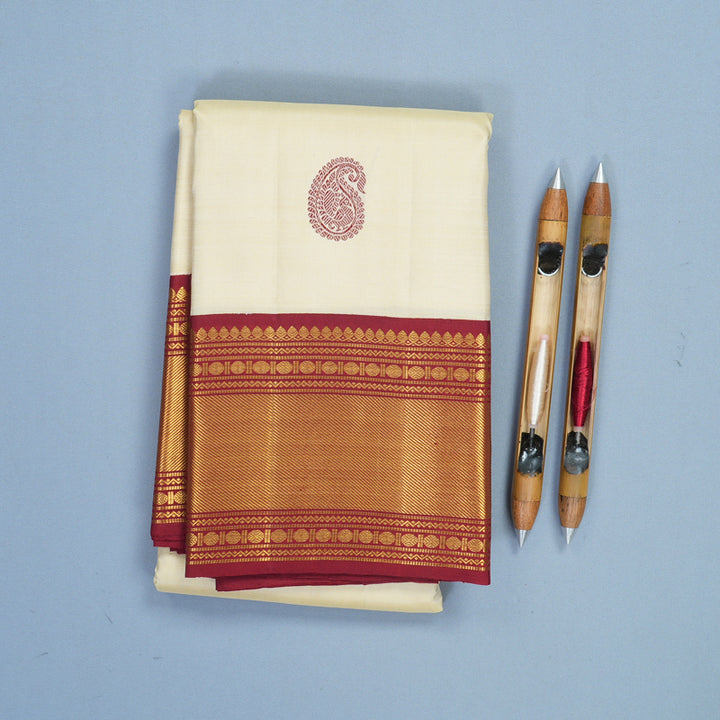 Hayagrivas Handloom Half-White Kanjivaram Silk Saree with Maroon Border KBF470F2-1