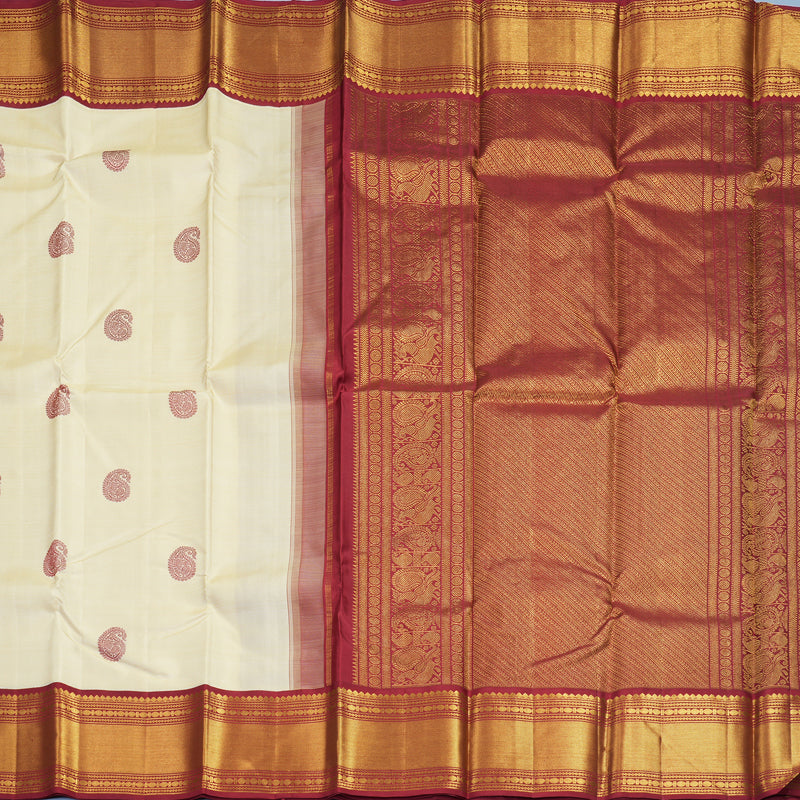 Hayagrivas Handloom Half-White Kanjivaram Silk Saree with Maroon Border KBF470F2-1