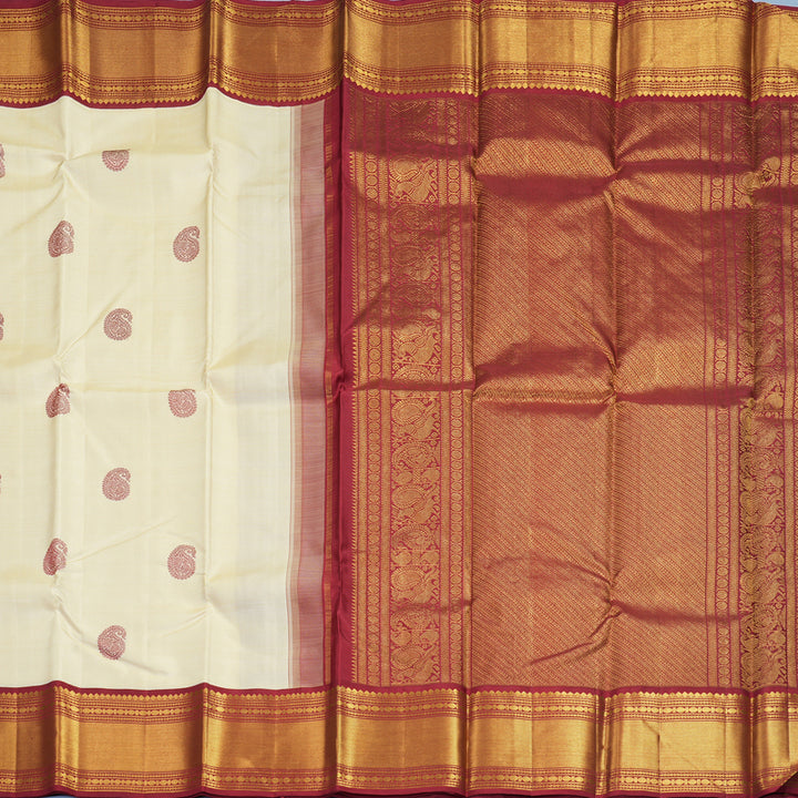 Hayagrivas Handloom Half-White Kanjivaram Silk Saree with Maroon Border KBF470F2-1