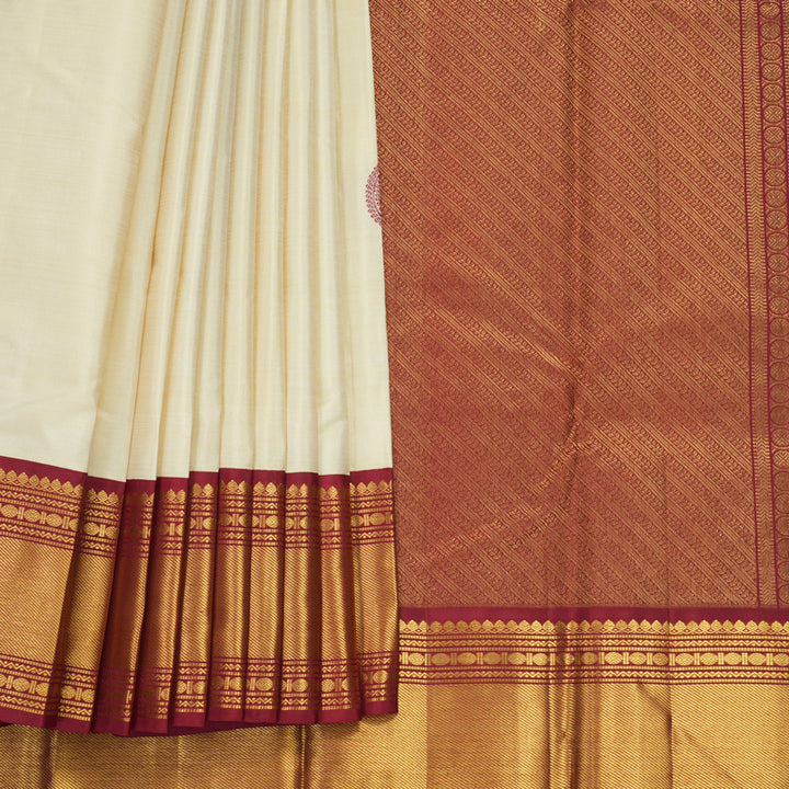 Hayagrivas Handloom Half-White Kanjivaram Silk Saree with Maroon Border KBF470F2-1