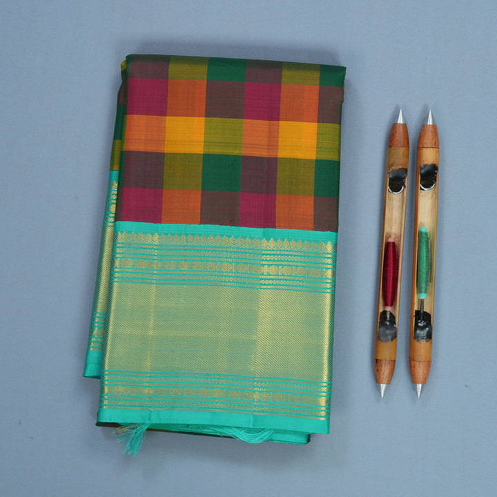 Hayagrivas Handloom Multicolour Checks Kanjivaram Silk Saree with Bright Teal Border KBF470F3-1