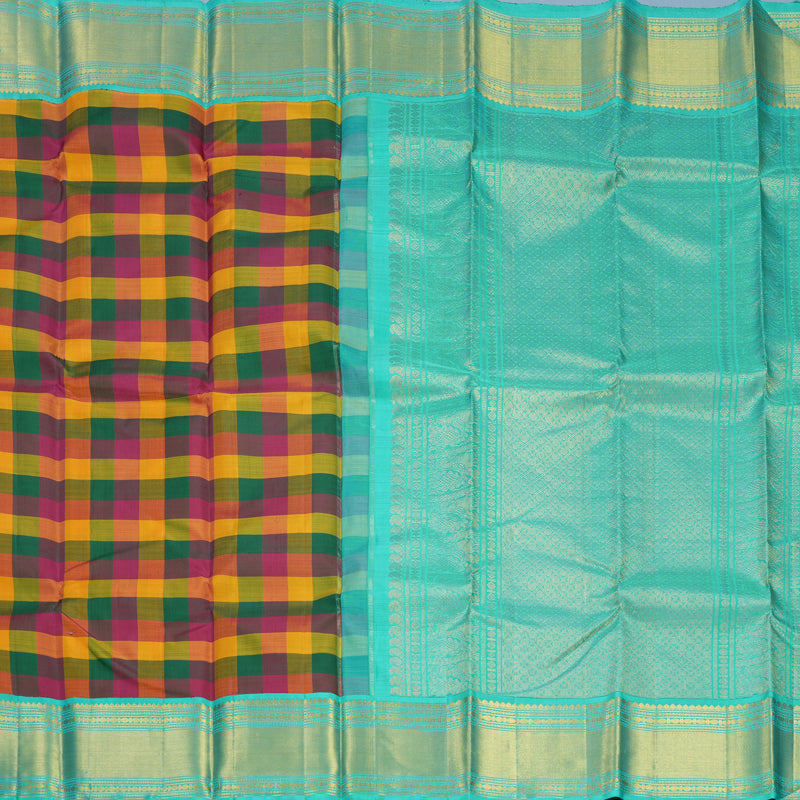 Hayagrivas Handloom Multicolour Checks Kanjivaram Silk Saree with Bright Teal Border KBF470F3-1