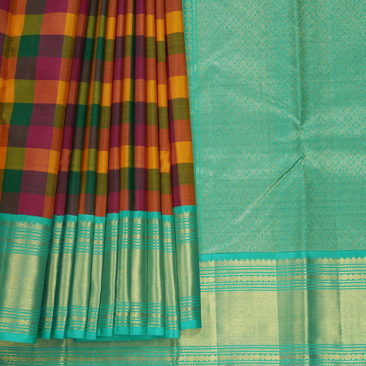 Hayagrivas Handloom Multicolour Checks Kanjivaram Silk Saree with Bright Teal Border KBF470F3-1