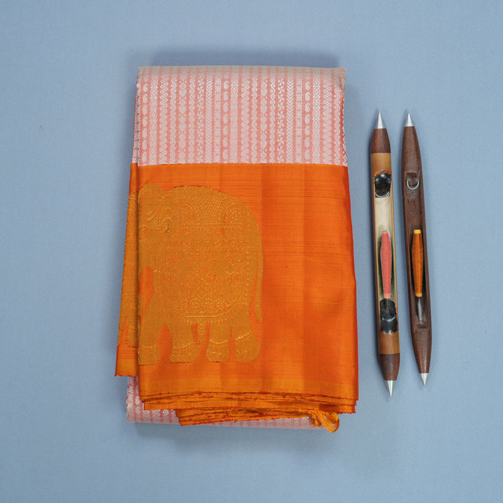 Hayagrivas Handloom Peach Orange Kanjivaram Silk Saree with Golden Orange Border KBF473F3-1
