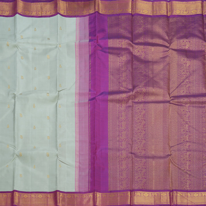 Hayagrivas Handloom Light Grey Kanjivaram Silk Saree with Purple Border KBF474F4-1