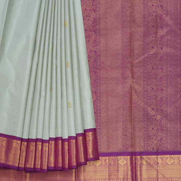 Hayagrivas Handloom Light Grey Kanjivaram Silk Saree with Purple Border KBF474F4-1