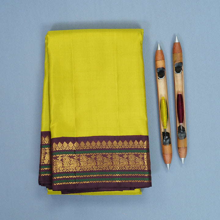 Hayagrivas Handloom Lime Green Kanjivaram Silk Saree with Plum Purple Border KBF476F1-1