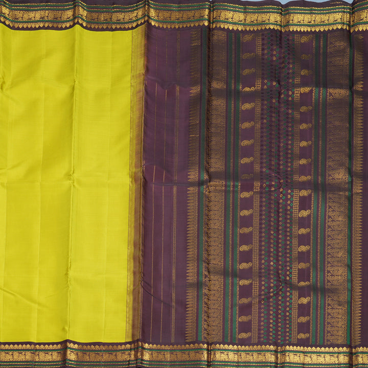 Hayagrivas Handloom Lime Green Kanjivaram Silk Saree with Plum Purple Border KBF476F1-1
