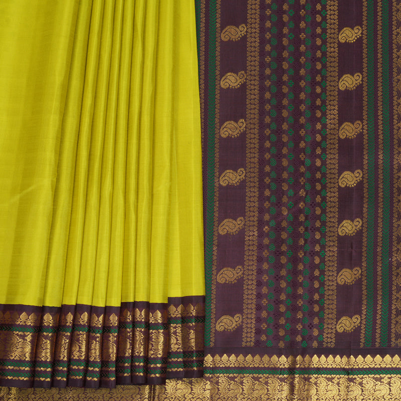 Hayagrivas Handloom Lime Green Kanjivaram Silk Saree with Plum Purple Border KBF476F1-1