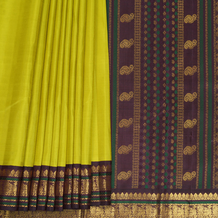 Hayagrivas Handloom Lime Green Kanjivaram Silk Saree with Plum Purple Border KBF476F1-1