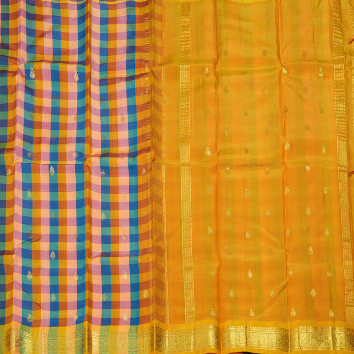 Hayagrivas Multicolour Checks Pure One-sided border Kanjivaram Silk Saree KBF47D2-2