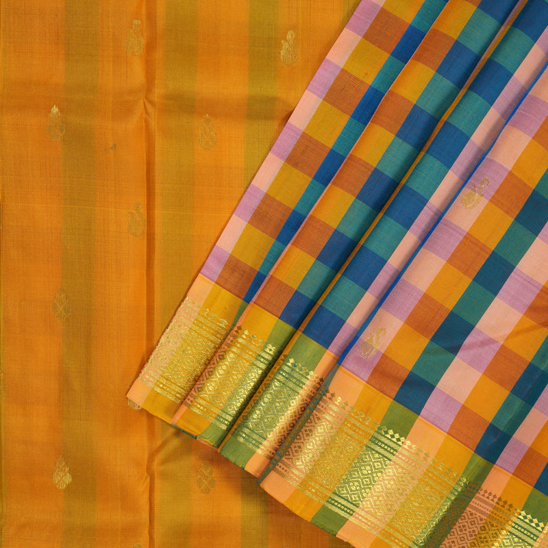 Hayagrivas Multicolour Checks Pure One-sided border Kanjivaram Silk Saree KBF47D2-2