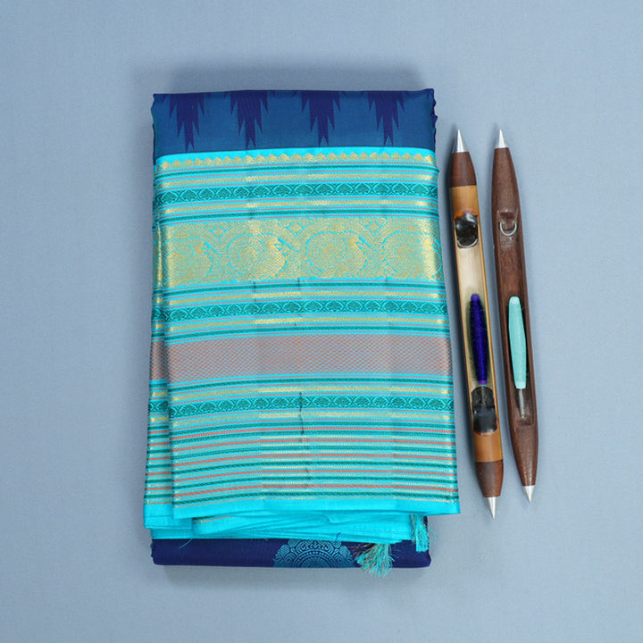 Hayagrivas Handloom Dark Blue Kanjivaram Silk Saree with Sea Blue Border KBF482F12-1