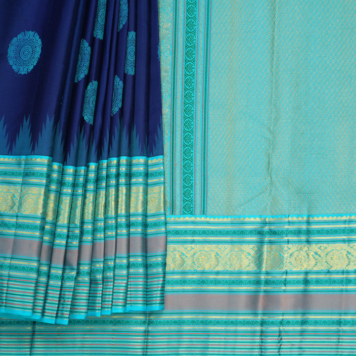 Hayagrivas Handloom Dark Blue Kanjivaram Silk Saree with Sea Blue Border KBF482F12-1