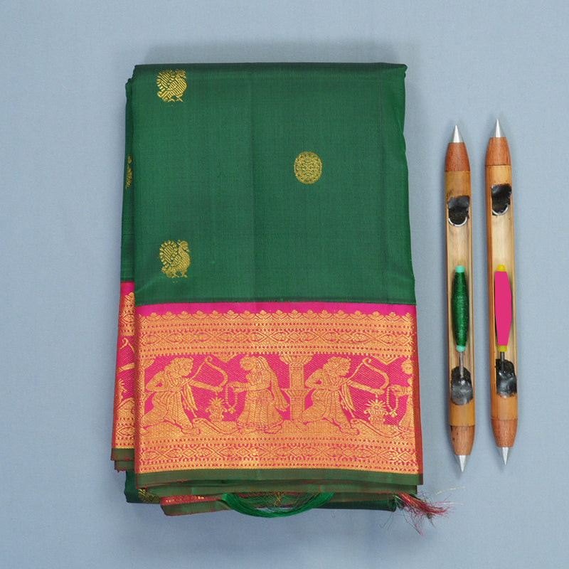 Hayagrivas Handloom Bottle Green Kanjivaram Silk Saree with Rani Pink Border KBF484F4-1