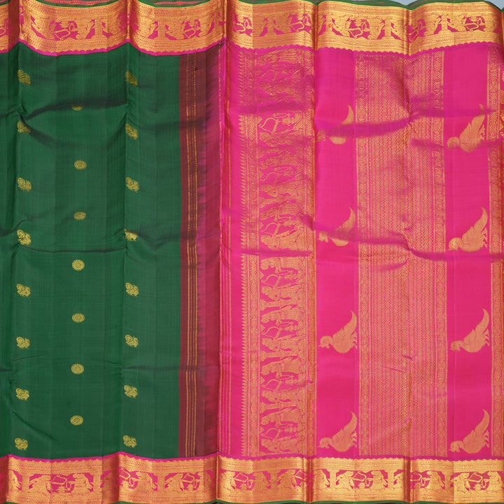 Hayagrivas Handloom Bottle Green Kanjivaram Silk Saree with Rani Pink Border KBF484F4-1