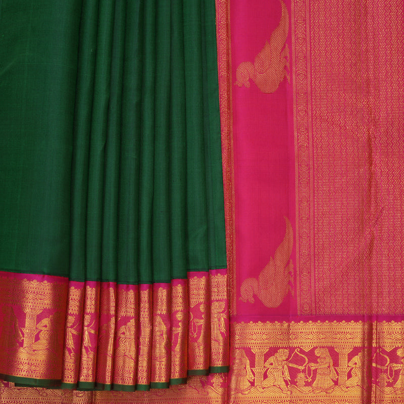 Hayagrivas Handloom Bottle Green Kanjivaram Silk Saree with Rani Pink Border KBF484F4-1