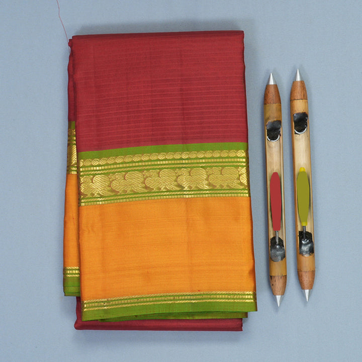 Hayagrivas Handloom Maroon Kanjivaram Silk Saree with Golden Orange Border KBF486F2-1
