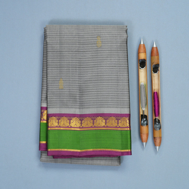 Hayagrivas Handloom Grey Kanjivaram Silk Saree with Green Border KBF486F3-11