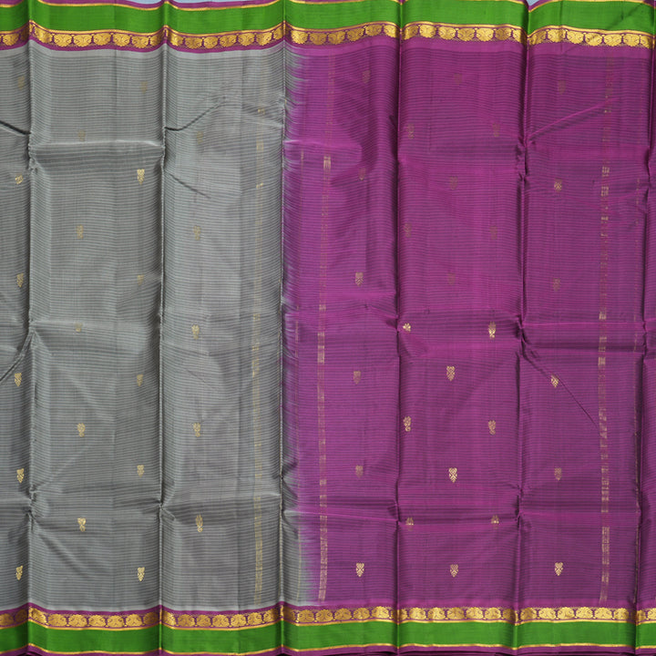 Hayagrivas Handloom Grey Kanjivaram Silk Saree with Green Border KBF486F3-11