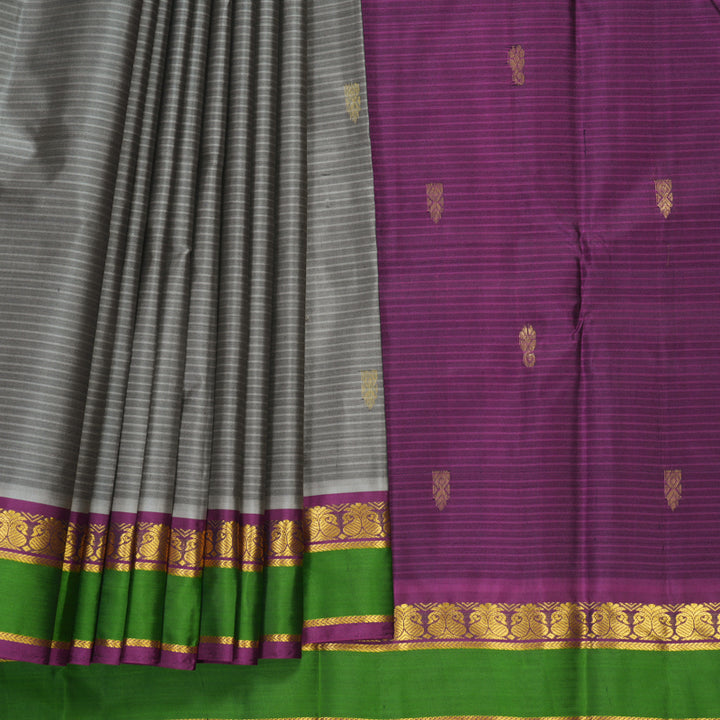 Hayagrivas Handloom Grey Kanjivaram Silk Saree with Green Border KBF486F3-11