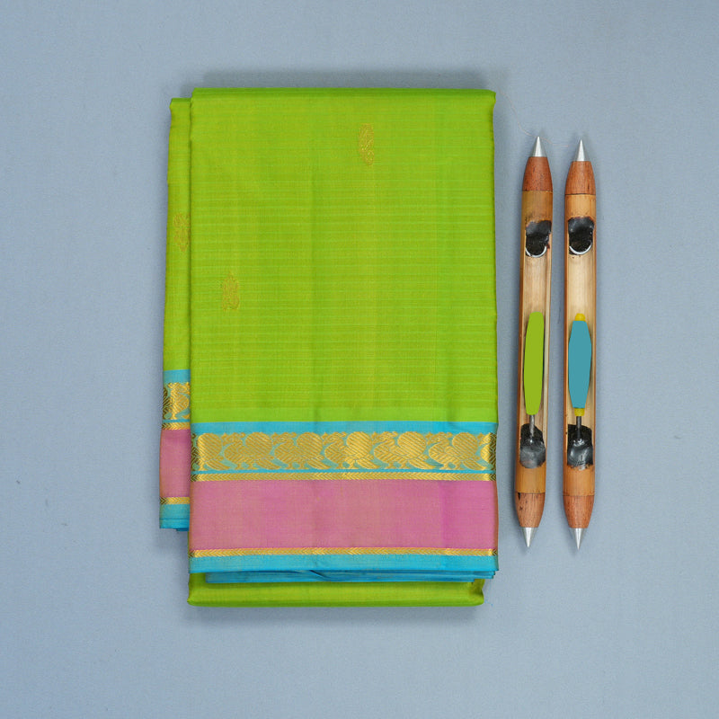 Hayagrivas Handloom Parrot Green Kanjivaram Silk Saree with Pink Border KBF486F3-12