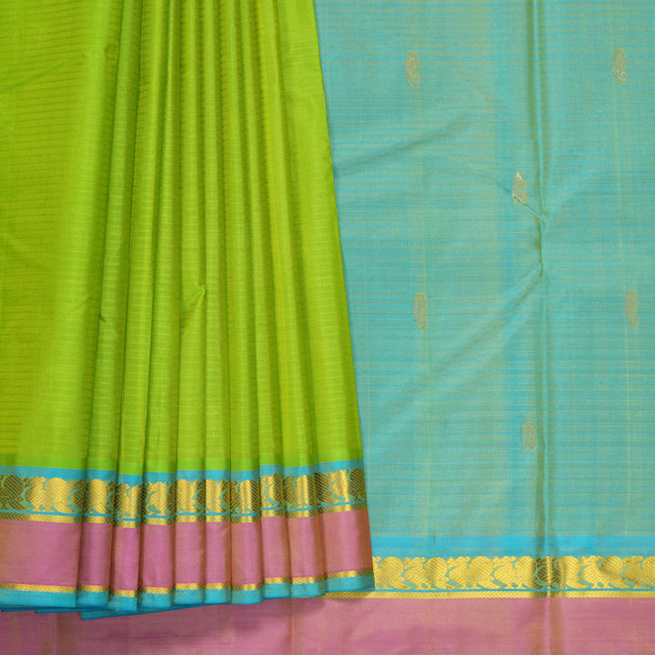 Hayagrivas Handloom Parrot Green Kanjivaram Silk Saree with Pink Border KBF486F3-12