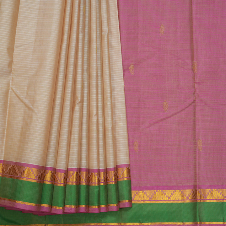 Hayagrivas Handloom Beige Kanjivaram Silk Saree with Green Border KBF486F3-16