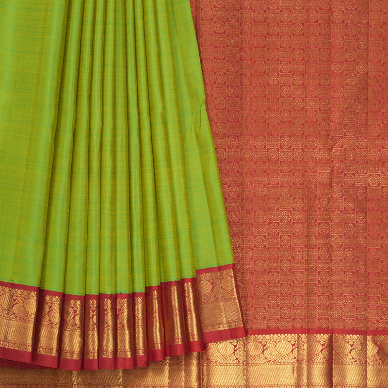 Hayagrivas Handloom Parrot Green Kanjivaram Silk Saree with Red Border KBF488F1-2