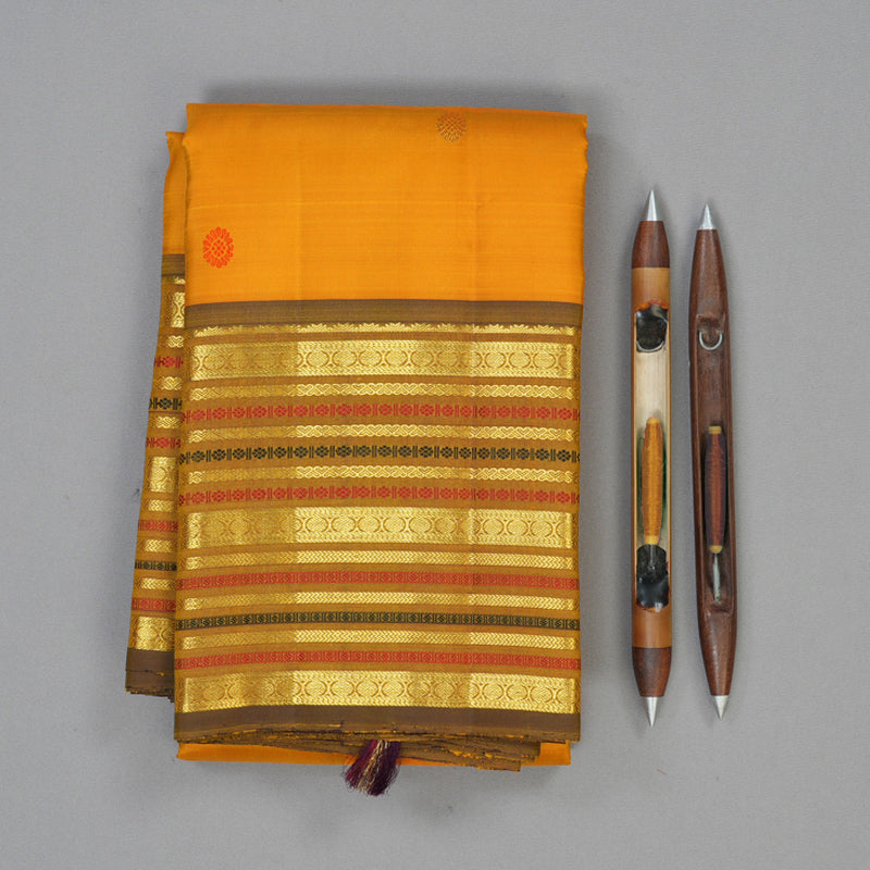 Hayagrivas Handloom Turmeric Yellow Kanjivaram Silk Saree with Golden Brown Border KBF48D8-6