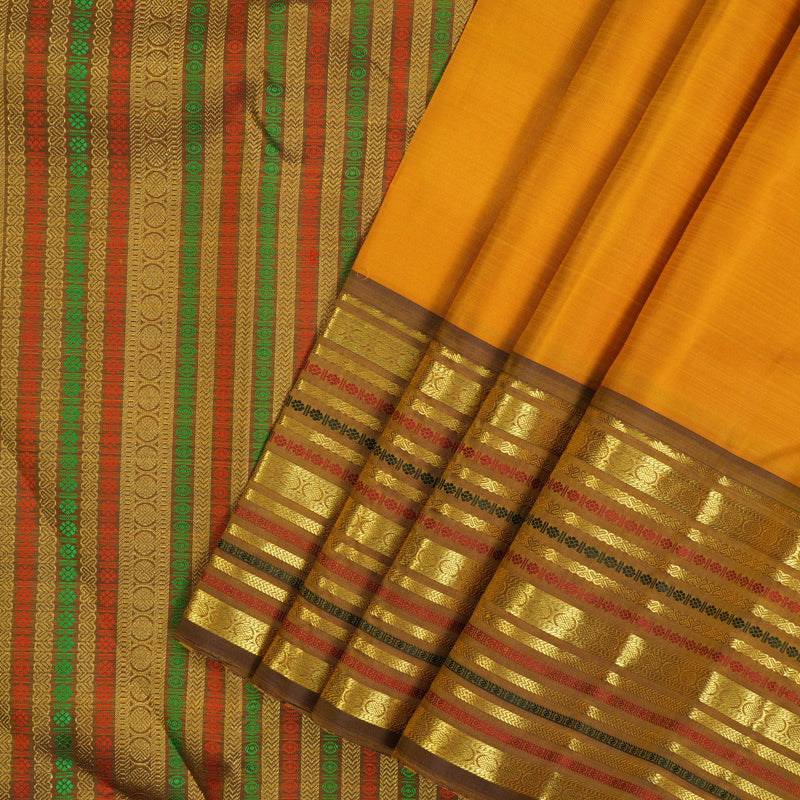 Hayagrivas Handloom Turmeric Yellow Kanjivaram Silk Saree with Golden Brown Border KBF48D8-6