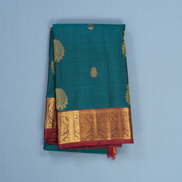 Hayagrivas Handloom Peacock Teal Kanjivaram Silk Saree with Deep Red Border KBF491F4-1