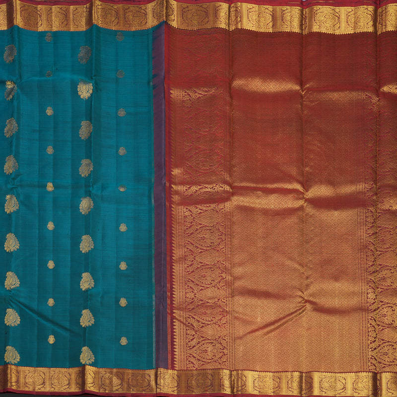 Hayagrivas Handloom Peacock Teal Kanjivaram Silk Saree with Deep Red Border KBF491F4-1