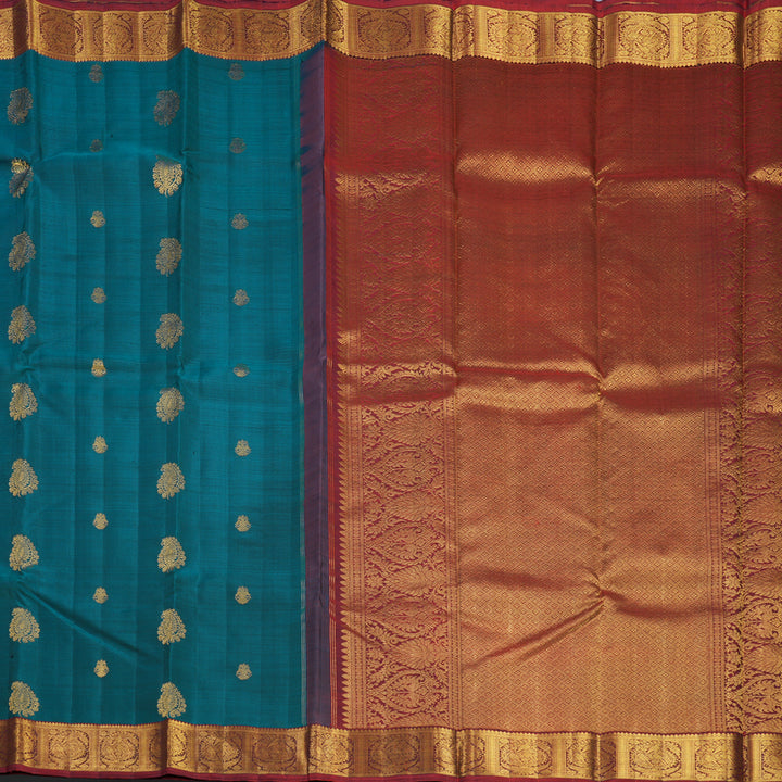Hayagrivas Handloom Peacock Teal Kanjivaram Silk Saree with Deep Red Border KBF491F4-1