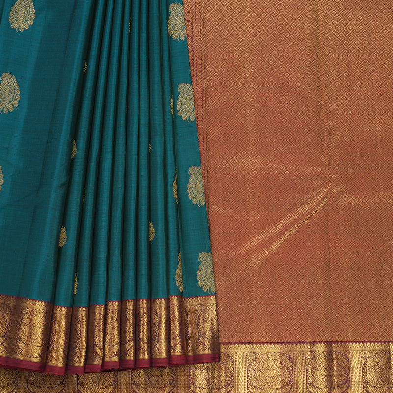 Hayagrivas Handloom Peacock Teal Kanjivaram Silk Saree with Deep Red Border KBF491F4-1