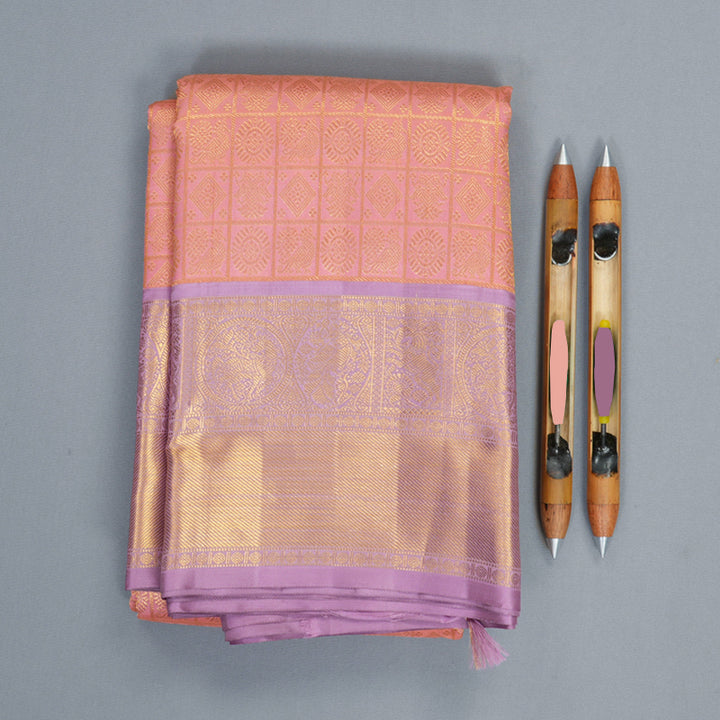 Hayagrivas Handloom Peach Pink Kanjivaram Silk Saree with Lavender Border KBF491F5-1