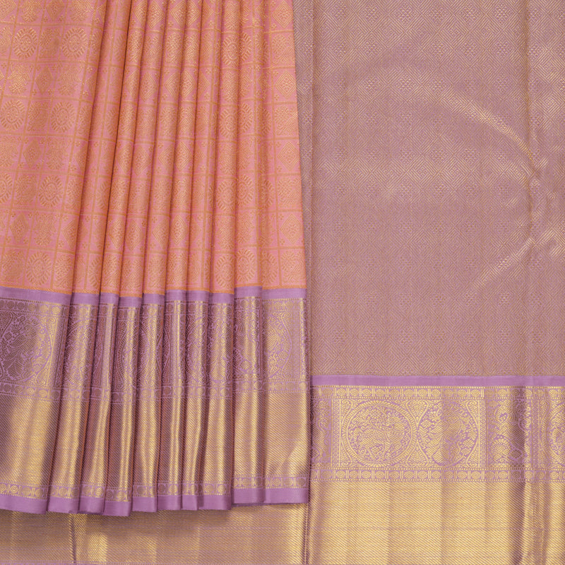 Hayagrivas Handloom Peach Pink Kanjivaram Silk Saree with Lavender Border KBF491F5-1