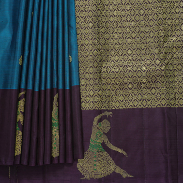 Hayagrivas Handloom Teal Blue Kanjivaram Silk Saree with Nagapazham Border KBF492F2-1