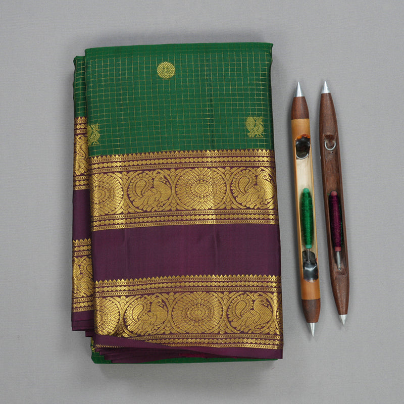Hayagrivas Handloom Dark Green Kanjivaram Silk Saree with Deep Plum Purple Border KBF492F4-2