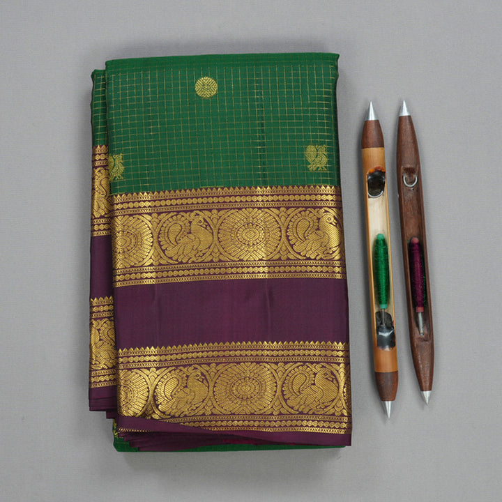 Hayagrivas Handloom Dark Green Kanjivaram Silk Saree with Deep Plum Purple Border KBF492F4-2