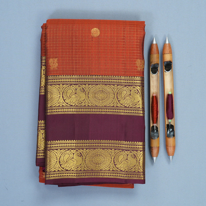 Hayagrivas Handloom Rust Orange Kanjivaram Silk Saree with Plum Purple Border KBF492F4-3