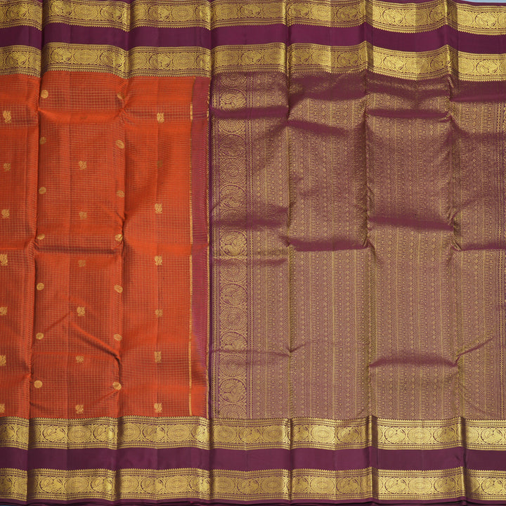 Hayagrivas Handloom Rust Orange Kanjivaram Silk Saree with Plum Purple Border KBF492F4-3