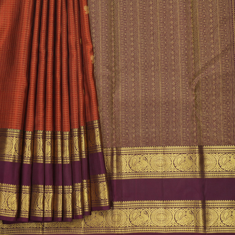 Hayagrivas Handloom Rust Orange Kanjivaram Silk Saree with Plum Purple Border KBF492F4-3