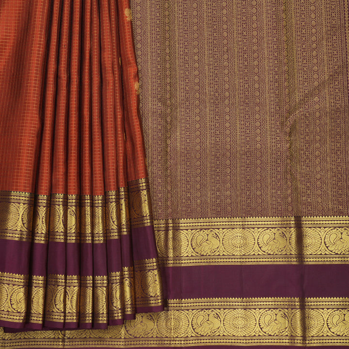 Hayagrivas Handloom Rust Orange Kanjivaram Silk Saree with Plum Purple Border KBF492F4-3