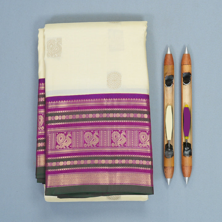 Hayagrivas Handloom Half-White Kanjivaram Silk Saree with Purple Border KBF492F5-1