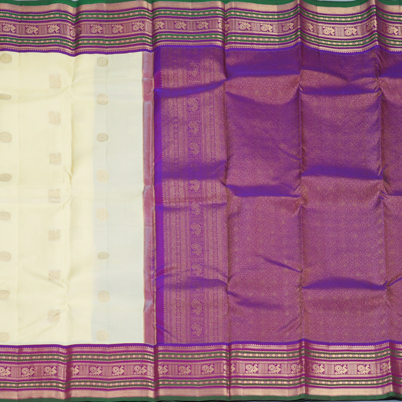 Hayagrivas Handloom Half-White Kanjivaram Silk Saree with Purple Border KBF492F5-1